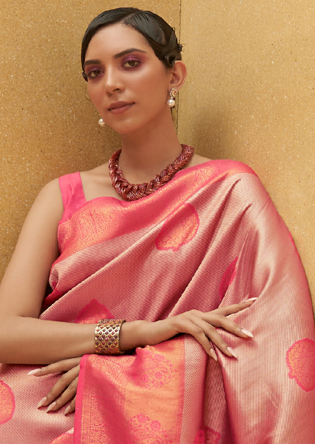 Pink Zari Woven Two Tone Handloom Kanjivaram Silk Saree