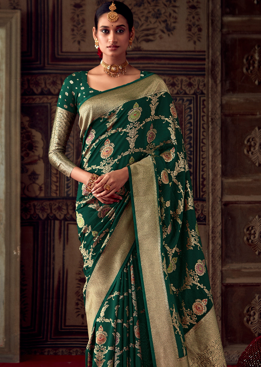 BOTTLE GREEN MEENAKARI WOVEN DESIGNER BANARASI SILK SAREE