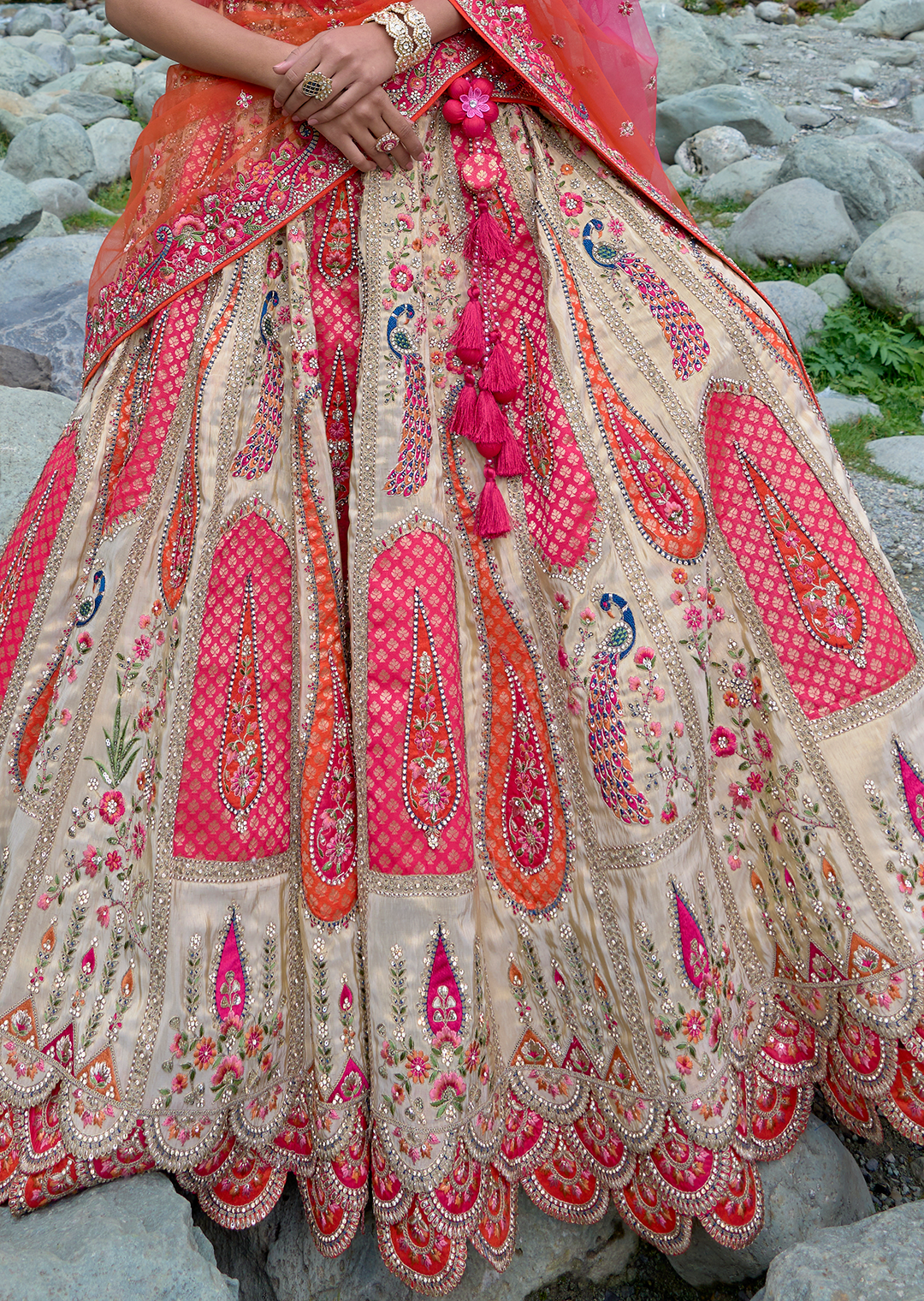 Pearl White Hand Worked Premium Designer Silk Lehenga