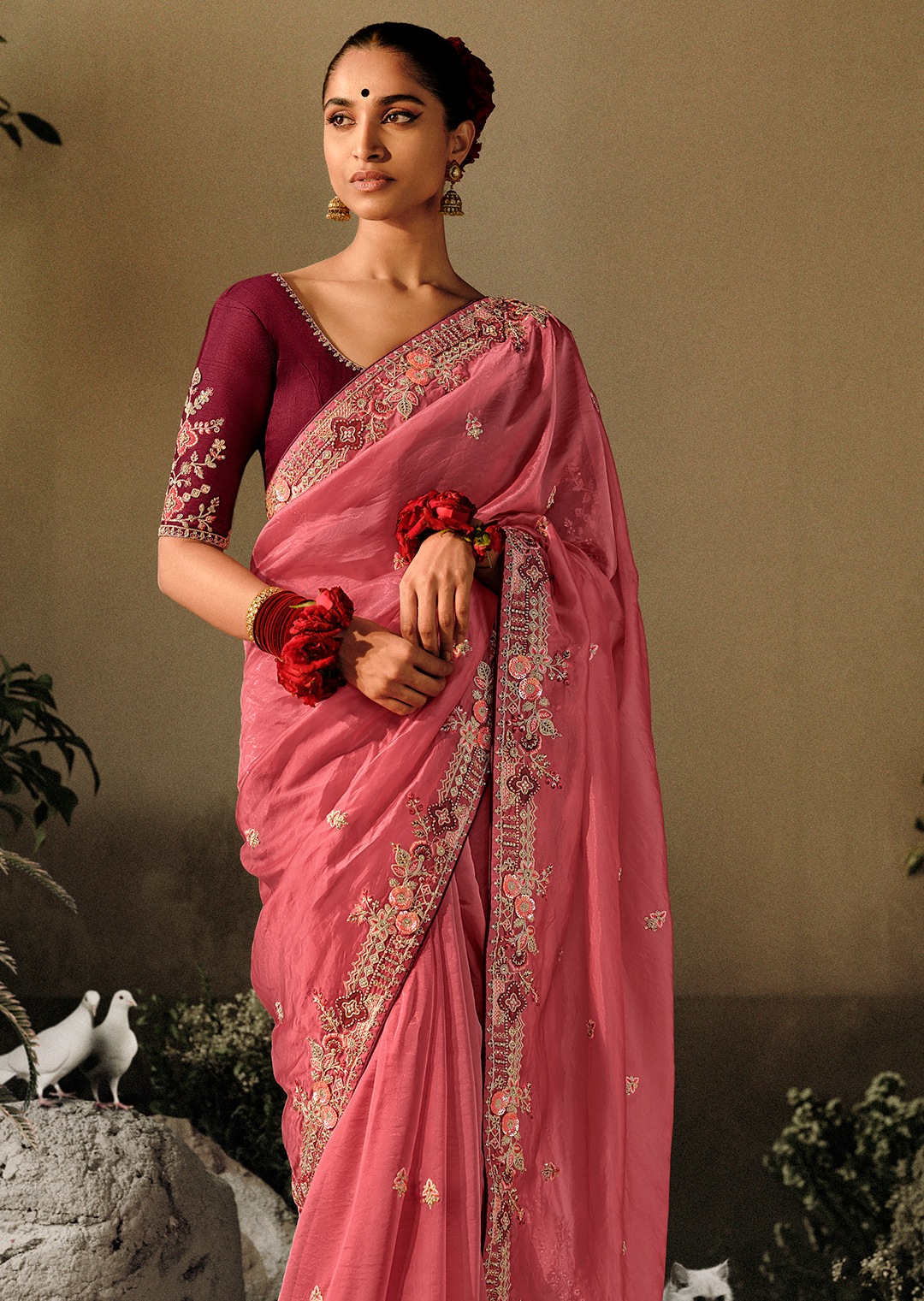 CORAL PINK WOVEN HEAVY EMBROIDERED PREMIUM DESIGNER SILK SAREE