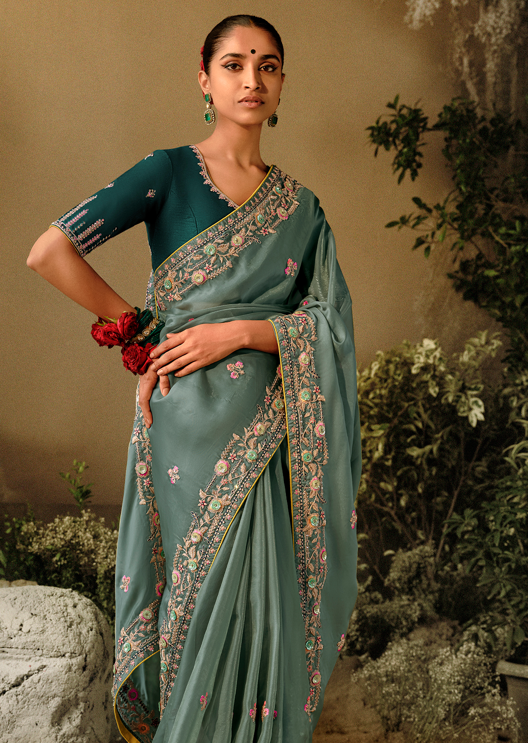 THYME GREEN WOVEN HEAVY EMBROIDERED PREMIUM DESIGNER SILK SAREE