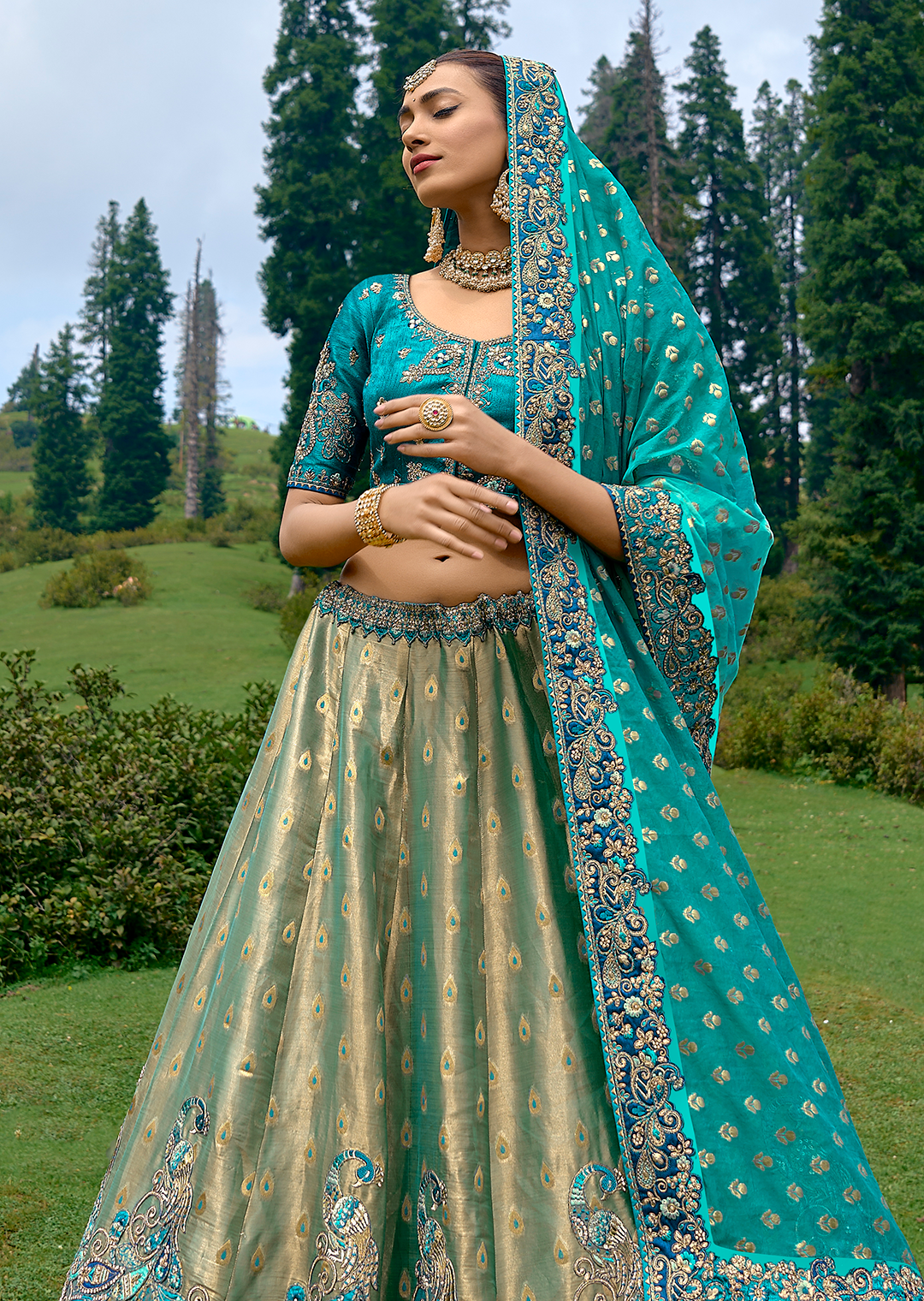 Teal Blue Heavy Embroidered Premium Designer Silk Lehenga