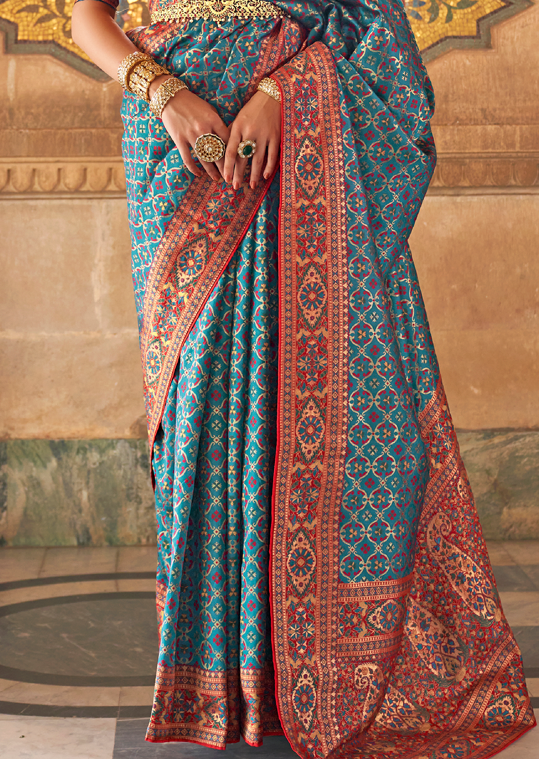 Teal Blue Traditional Royal Patola Silk Saree