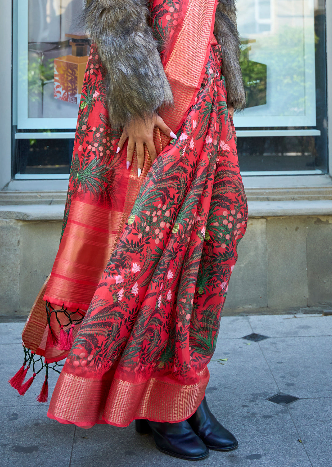 Coral Red Woven Pure Satin Organza Silk Saree