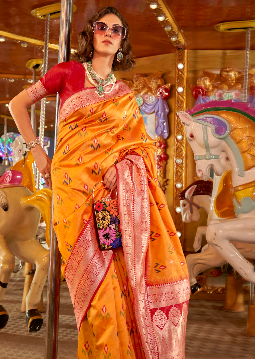 Mustard Yellow Woven Pure Handloom Ikat Silk Saree