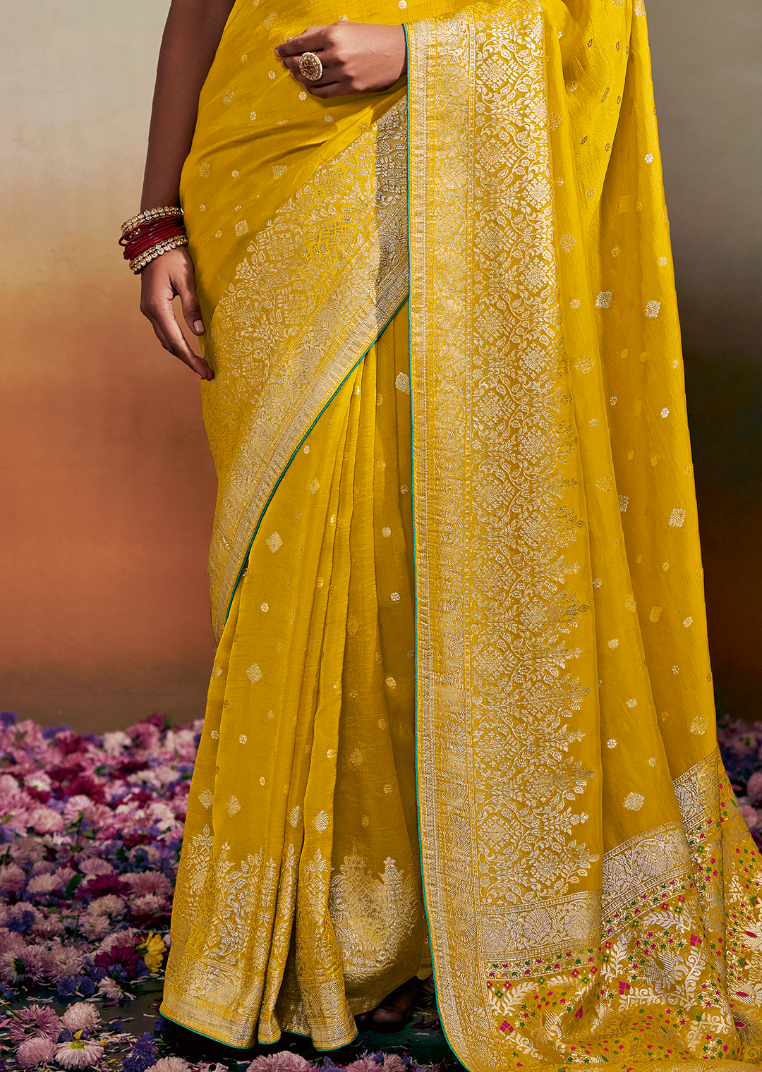 GOLDEN YELLOW WOVEN PURE CHINON CHIFFON DESIGNER SILK SAREE