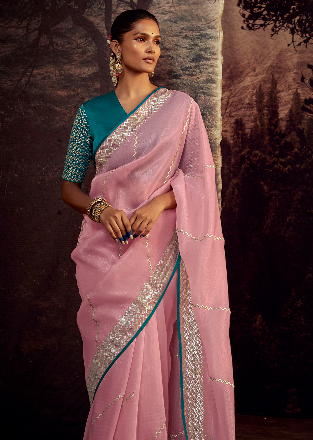 CARNATION PINK WOVEN PURE TISSUE LINEN DESIGNER SAREE