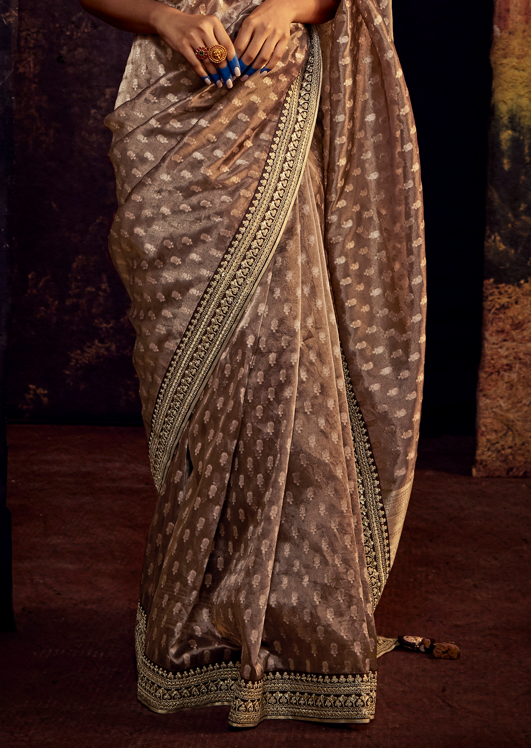 CHOCO BROWN PURE TISSUE SILK DESIGNER SAREE