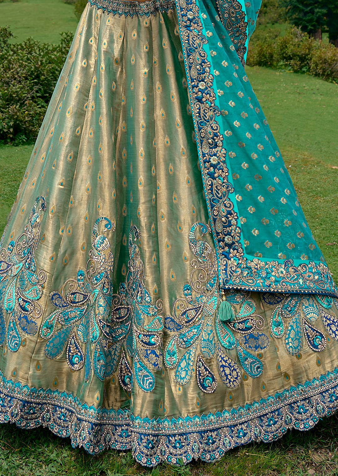 Teal Blue Heavy Embroidered Premium Designer Silk Lehenga