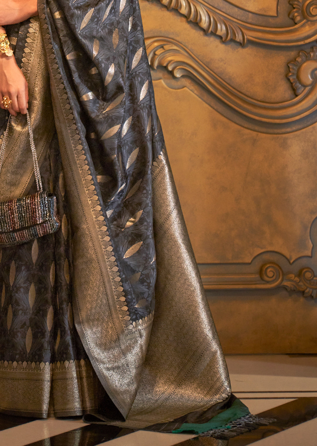 Deep Grey Zari Woven Handloom Pure Banarasi Satin Silk Saree