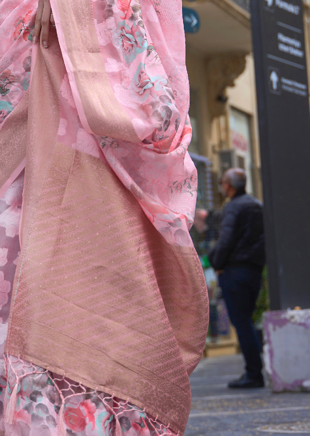 Carnation Pink Woven Printed Brasso Handloom Silk Saree