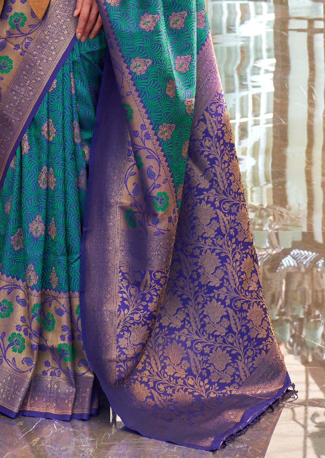 Teal Blue Woven Handloom Banarasi Silk Saree