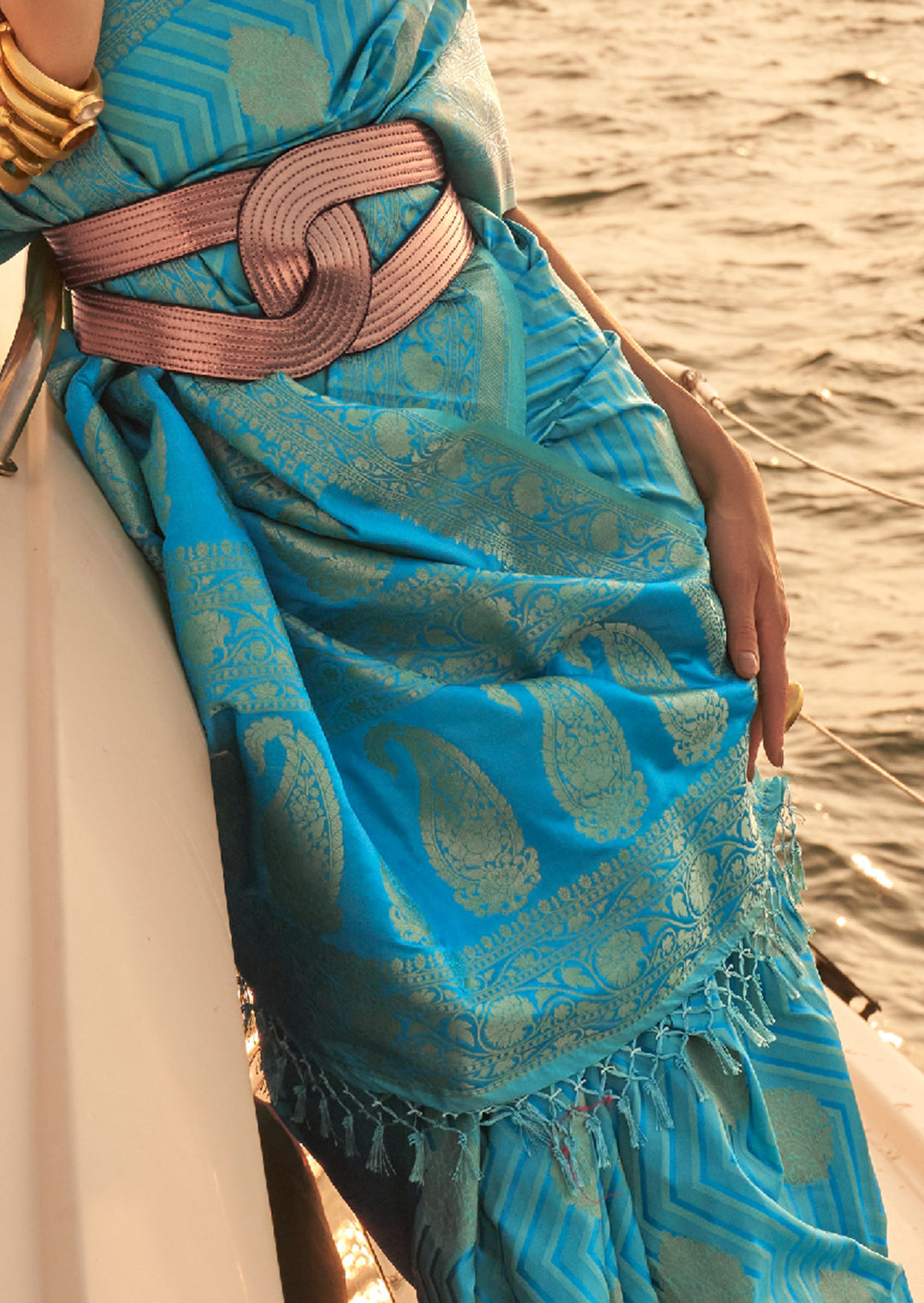 Deep Sky Blue Zari Woven Handloom Pure Banarasi Satin Silk Saree