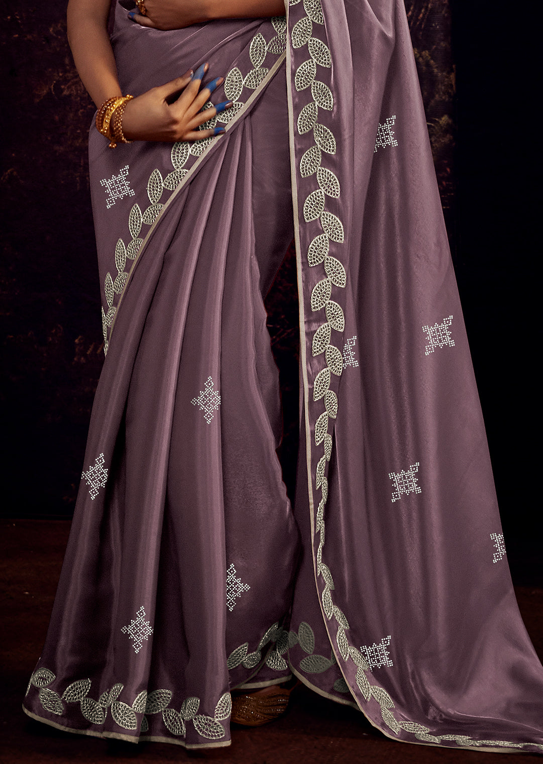 HEATHER PURPLE PURE TISSUE SILK HEAVY EMBROIDERED DESIGNER SAREE