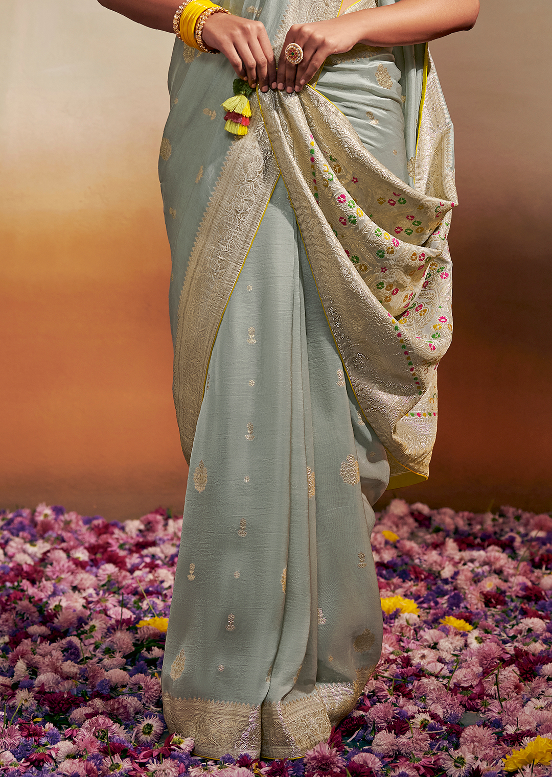 STONE BLUE WOVEN PURE CHINON CHIFFON DESIGNER SILK SAREE