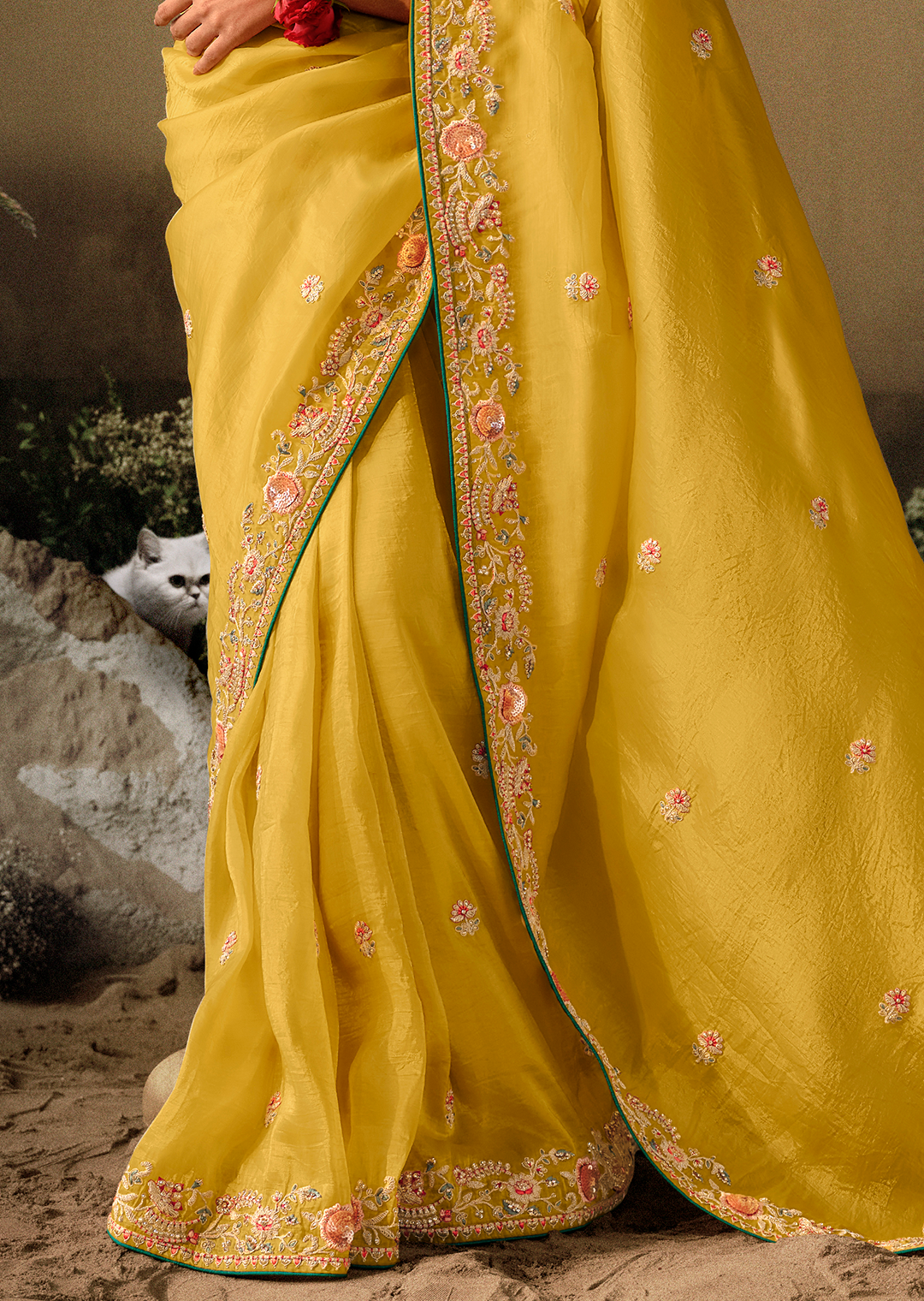 CORN YELLOW WOVEN HEAVY EMBROIDERED PREMIUM DESIGNER SILK SAREE