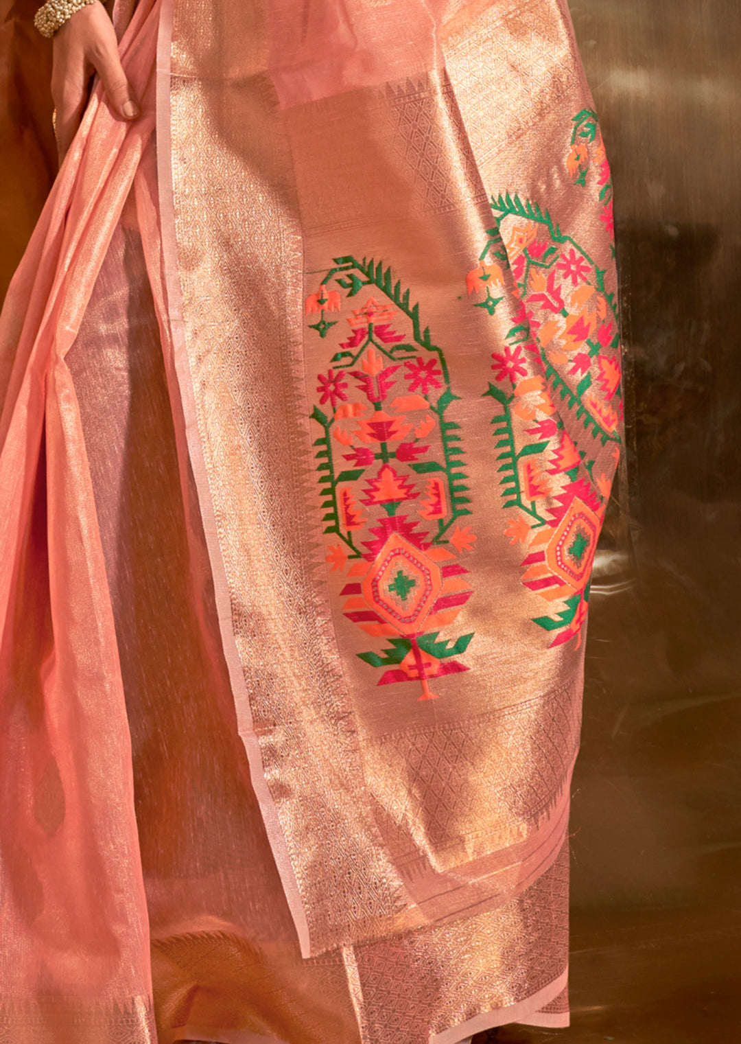 Peach Zari Woven Pure Paithani Tissue Silk Saree