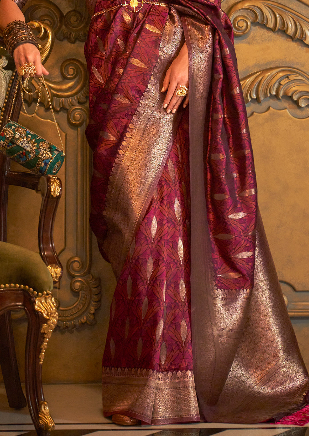 Maroon Zari Woven Handloom Pure Banarasi Satin Silk Saree