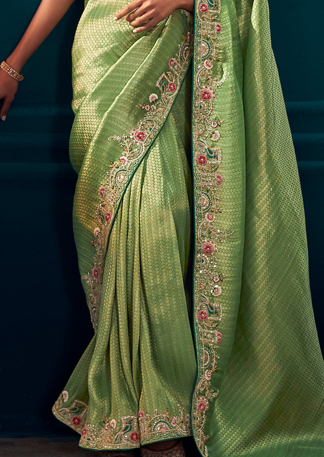 TEA GREEN HEAVY EMBROIDERED BROCADE DESIGNER KANJIVARAM SILK SAREE