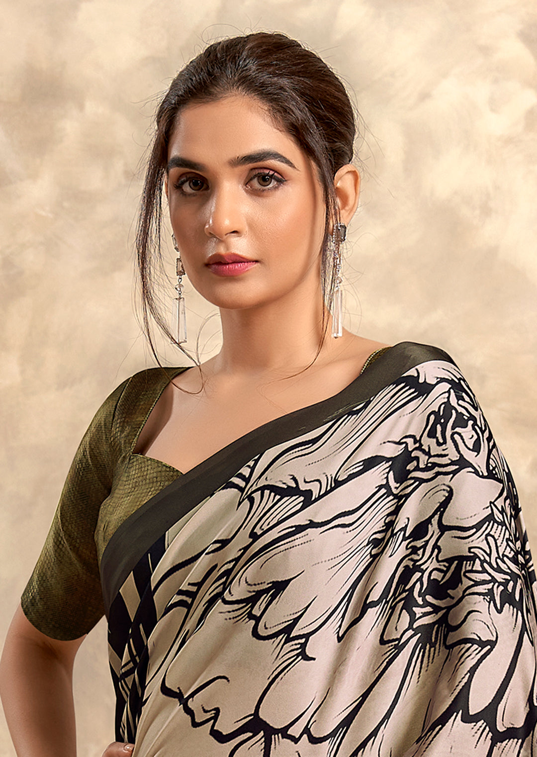 Beige Off White Woven Digital Printed Crepe Silk Saree