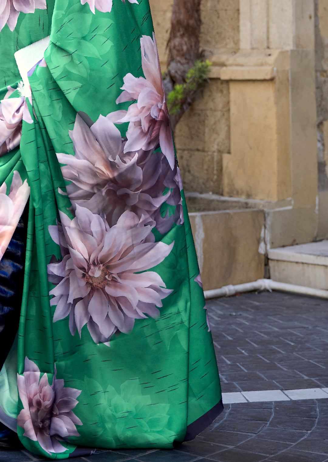 Jade Green Woven Digital Printed Satin Crepe Silk Saree