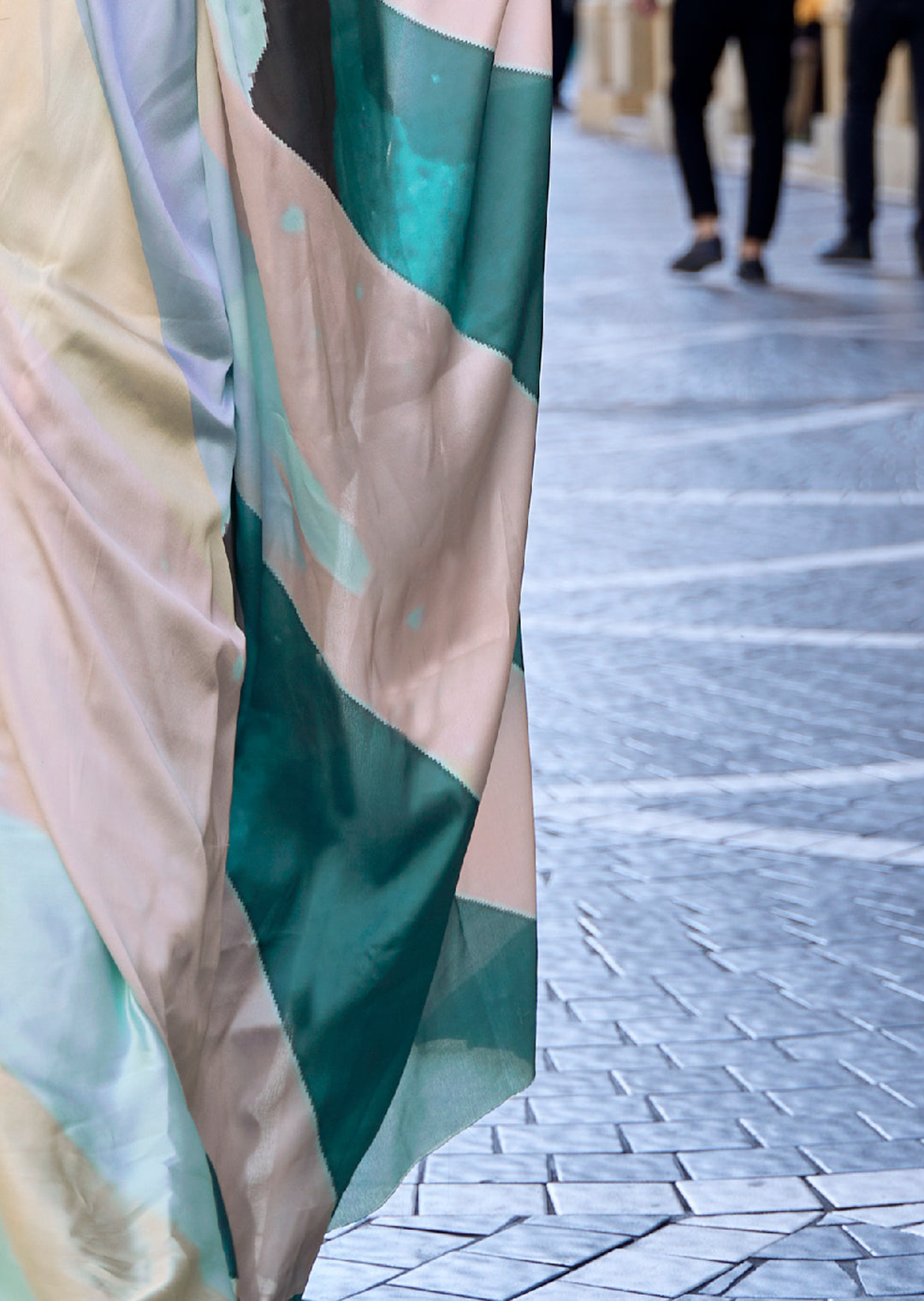 Teal Green Woven Digital Printed Satin Crepe Silk Saree