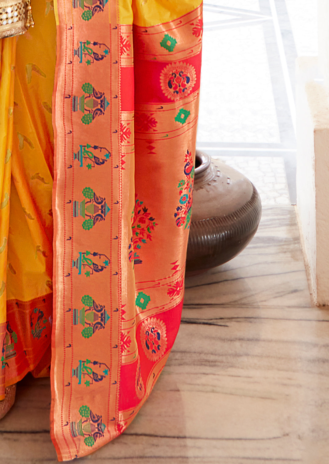 Yellow Copper Zari Woven Traditional Paithani Silk Saree