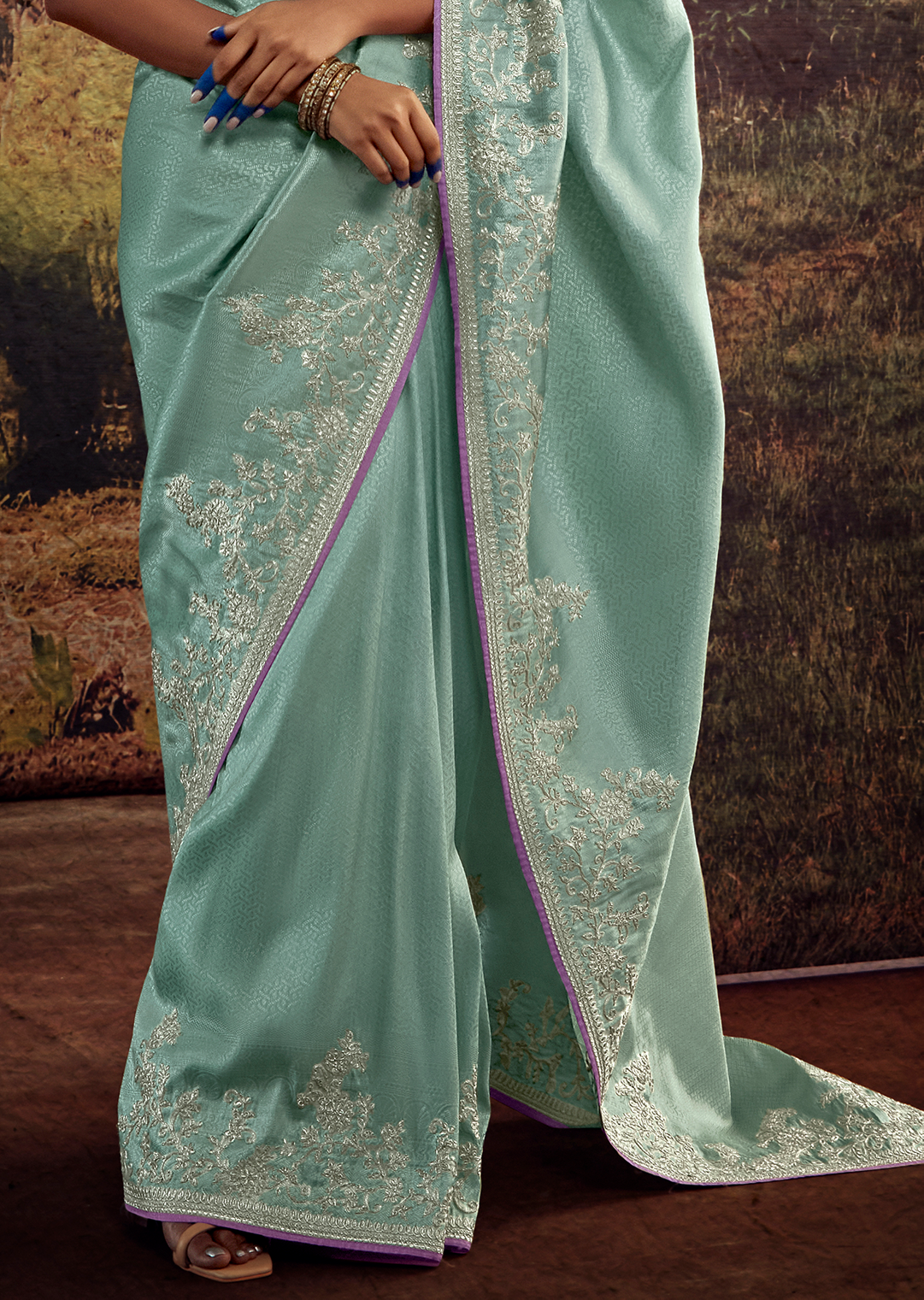 PEARL AQUA BLUE HEAVY EMBROIDERED PURE BROCADE DESIGNER SILK SAREE