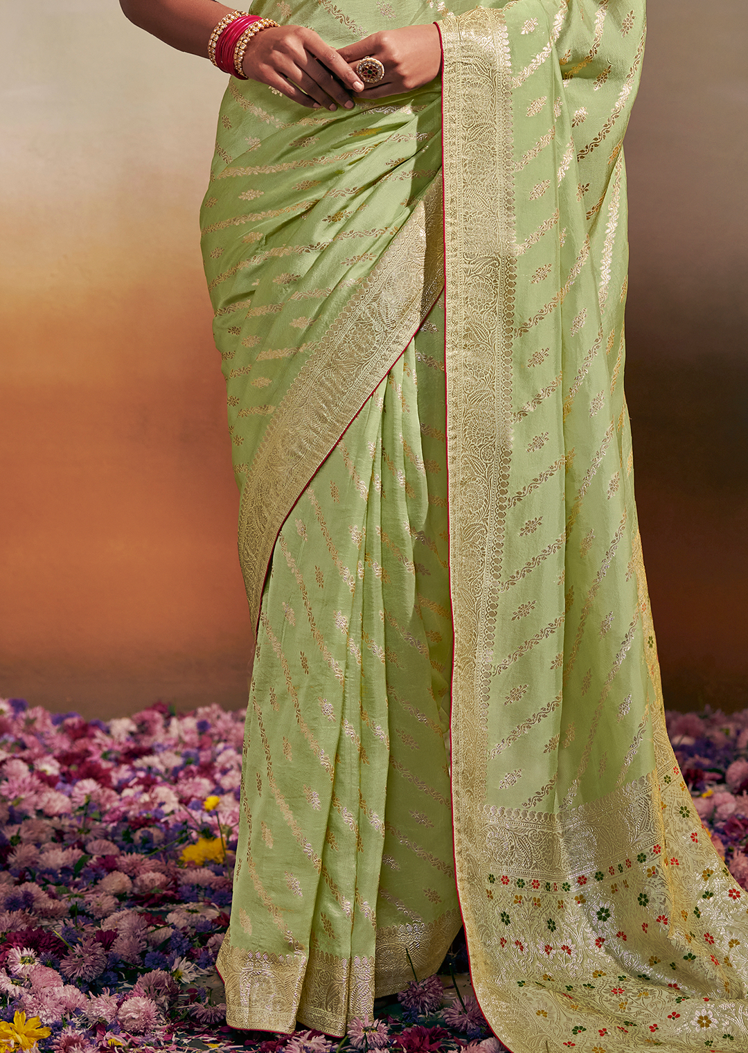 TEA GREEN WOVEN PURE CHINON CHIFFON DESIGNER SILK SAREE