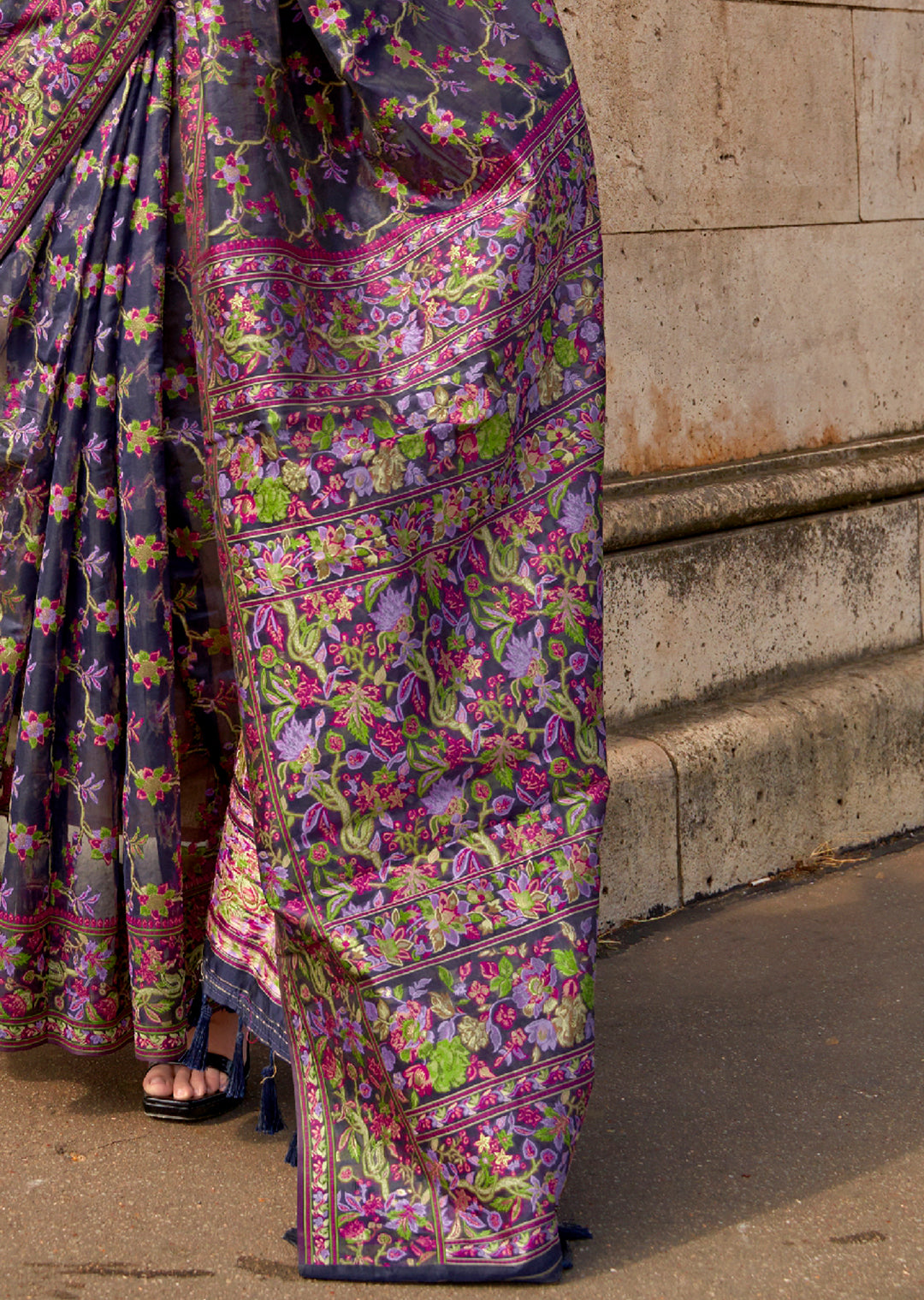 Midnight Blue Woven Pure Handloom Parsi Organza Silk Saree