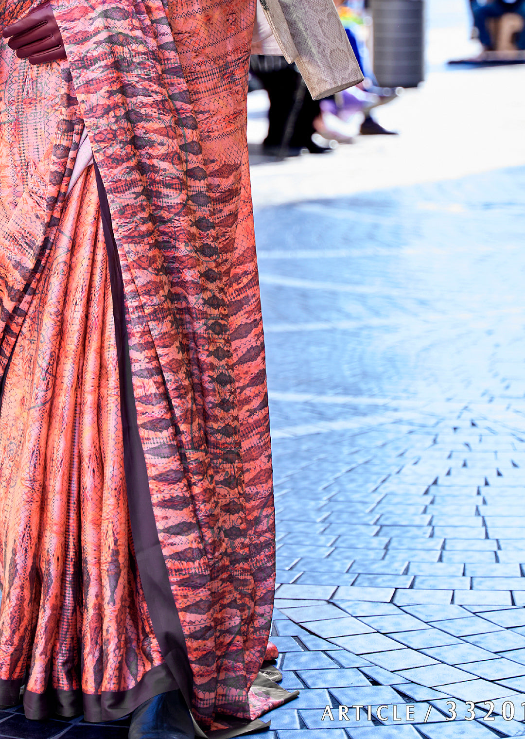 Georgia Peach Orange Woven Digital Printed Satin Crepe Silk Saree