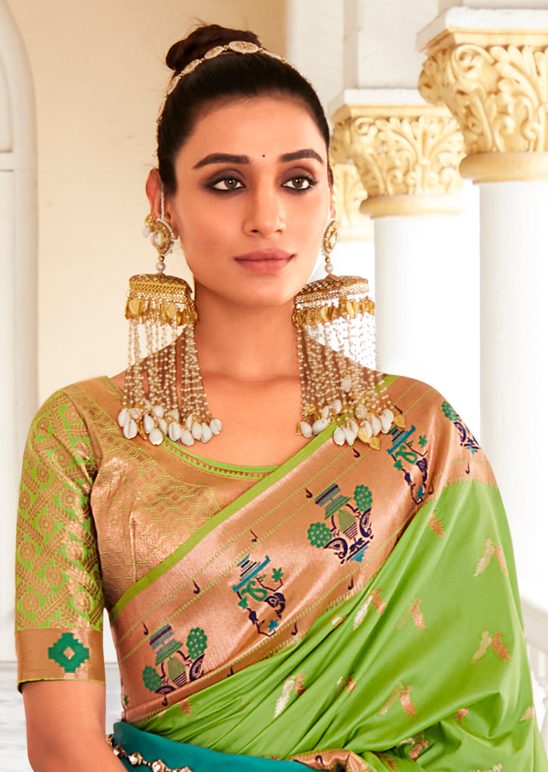 Parrot Green Copper Zari Woven Traditional Paithani Silk Saree