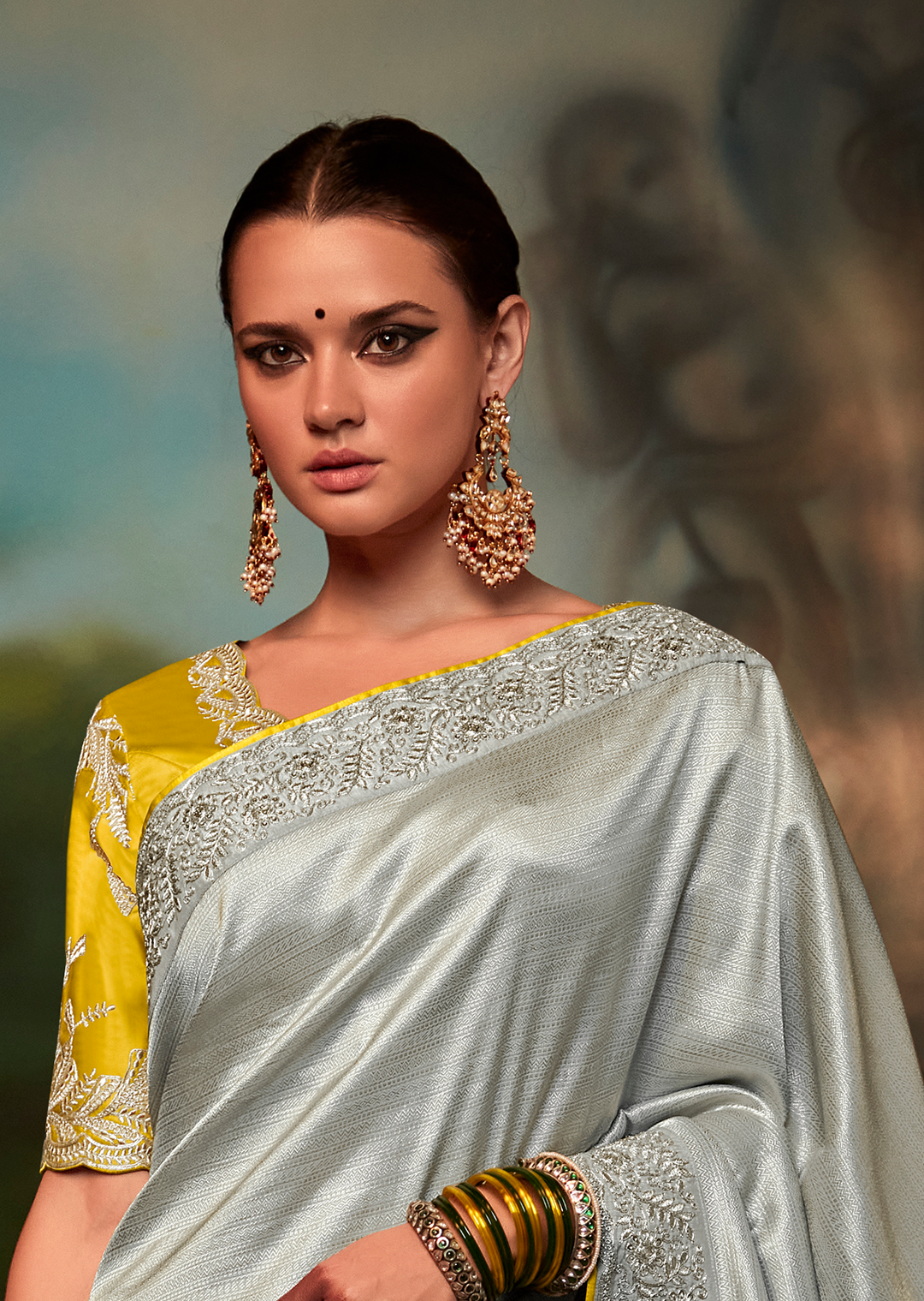 METALIC GREY HEAVY EMBROIDERED DESIGNER BANARASI SILK SAREE