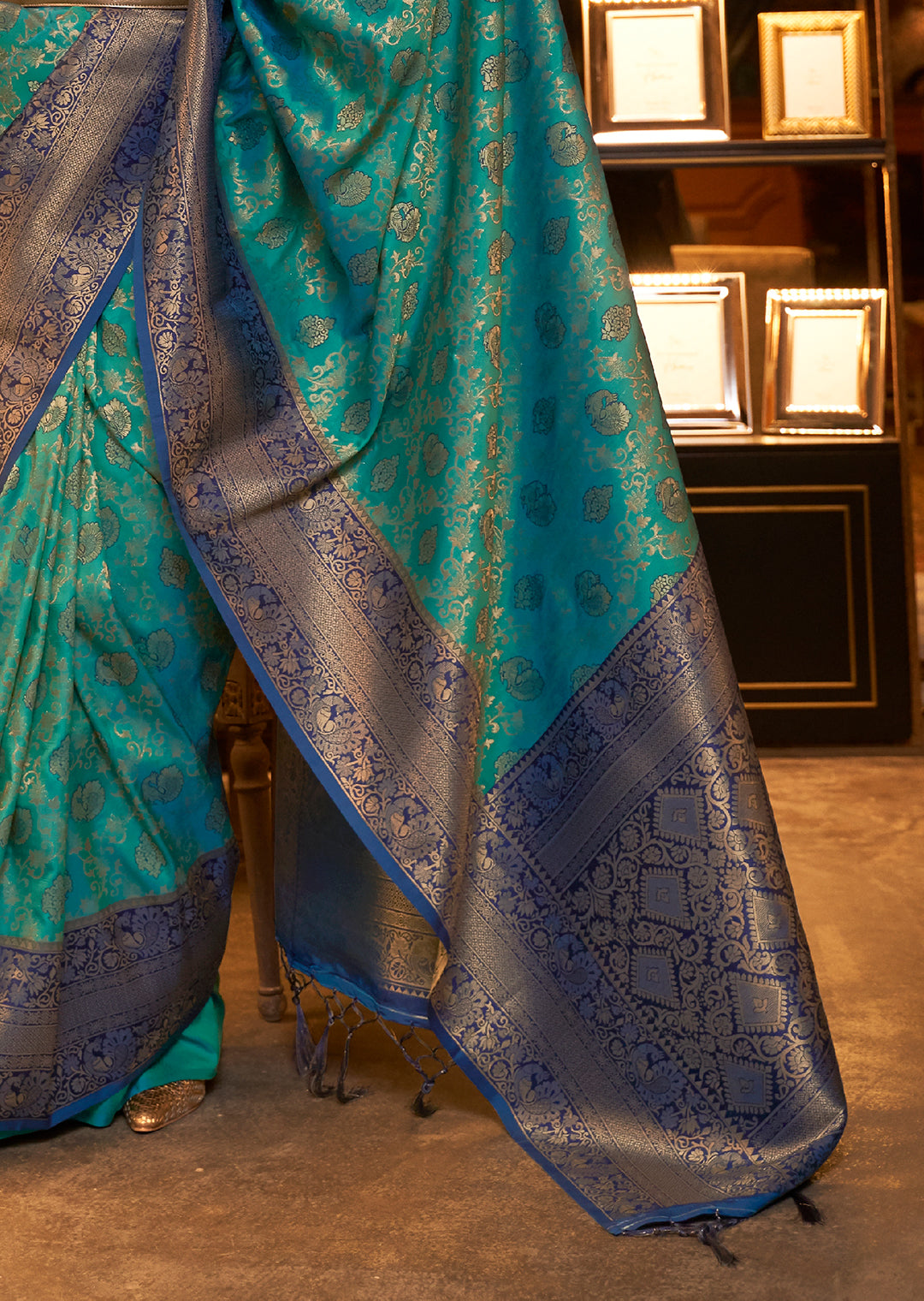 Teal Blue Zari Woven Pure Handloom Kanjivaram Silk Saree