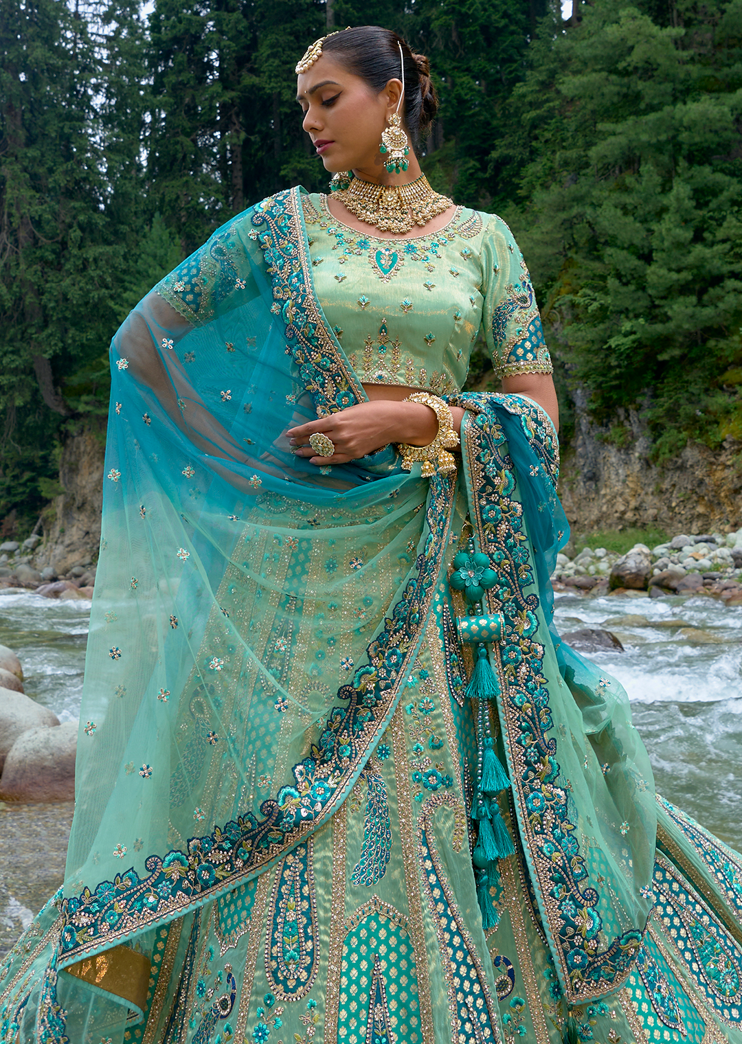 Mint Green Hand Worked Premium Designer Silk Lehenga