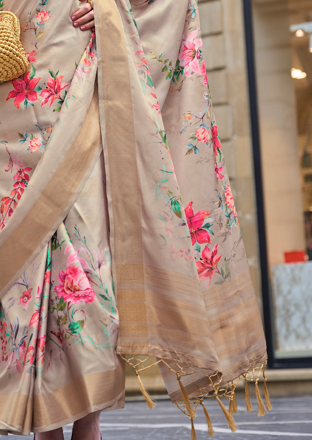 Beige Off White Woven Pure Handloom Printed Gajji Silk Saree