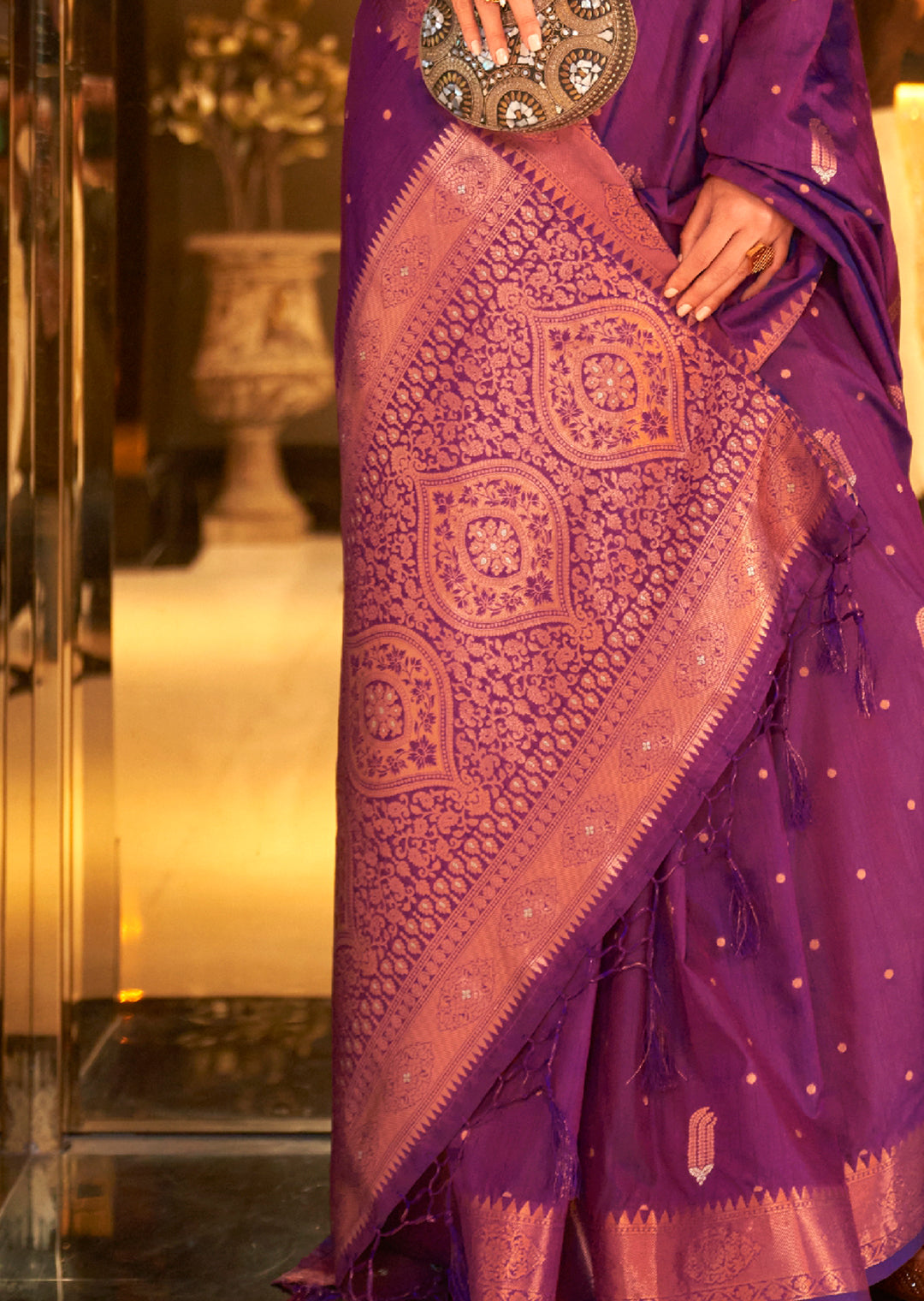 Plum Purple Copper Zari Woven Pure Handloom Banarasi Silk Saree