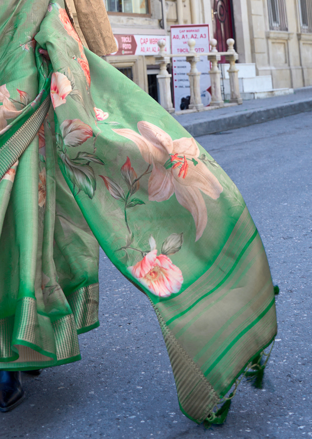 Jade Green Woven Pure Satin Organza Silk Saree