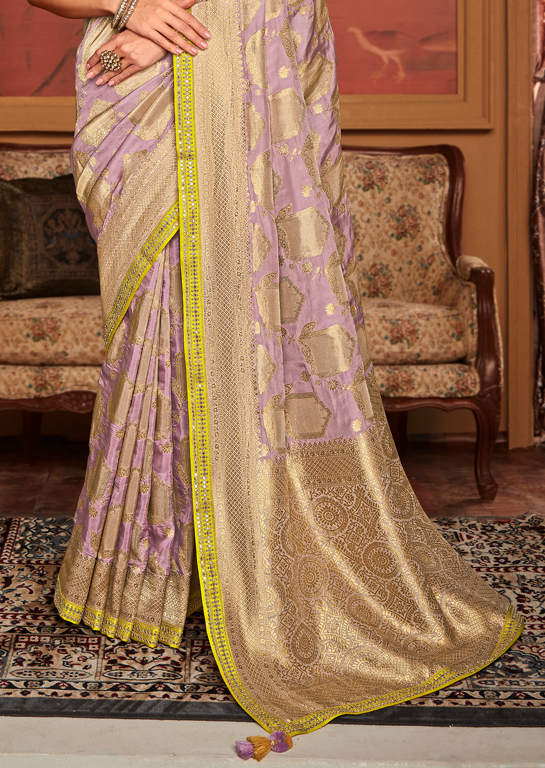 LAVENDER PURPLE PURE CREPE SILK DESIGNER BANARASI SAREE