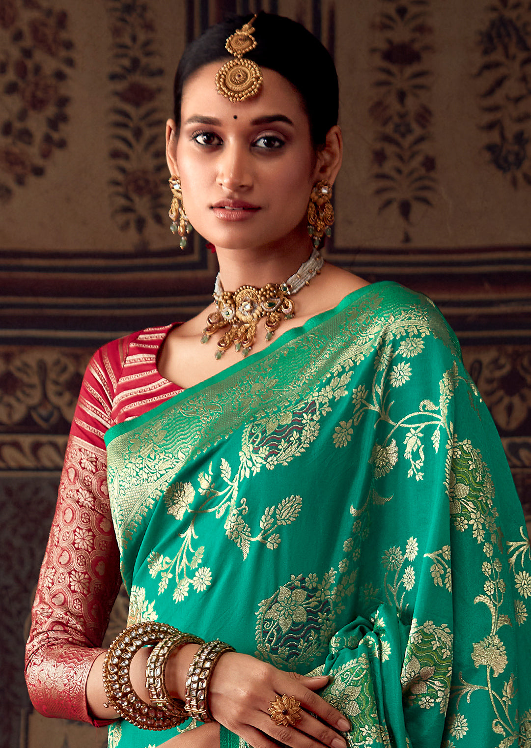 MARINE GREEN MEENAKARI WOVEN DESIGNER BANARASI SILK SAREE