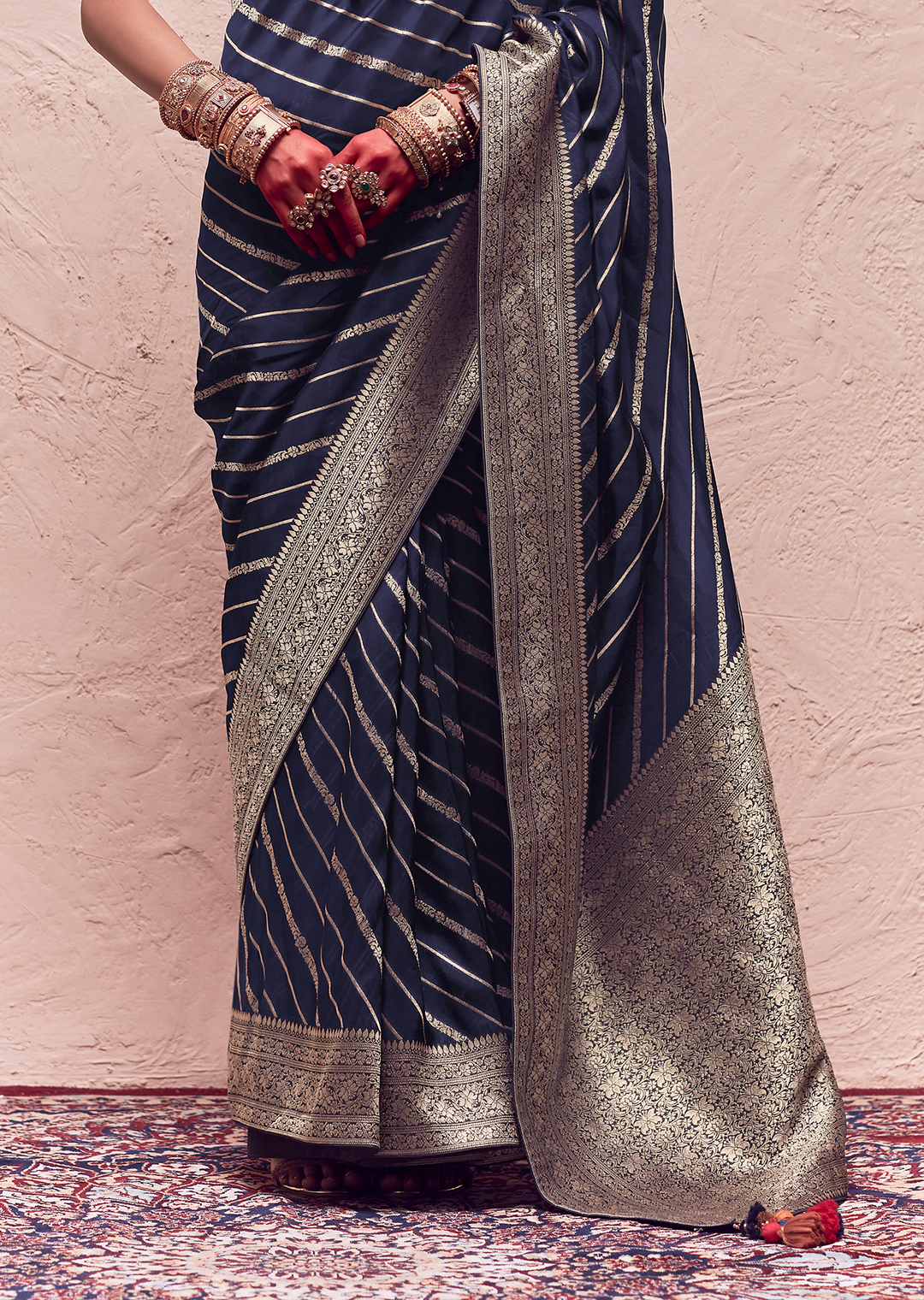 NAVY BLUE PURE CREPE SILK DESIGNER KHADDI BANARASI SAREE