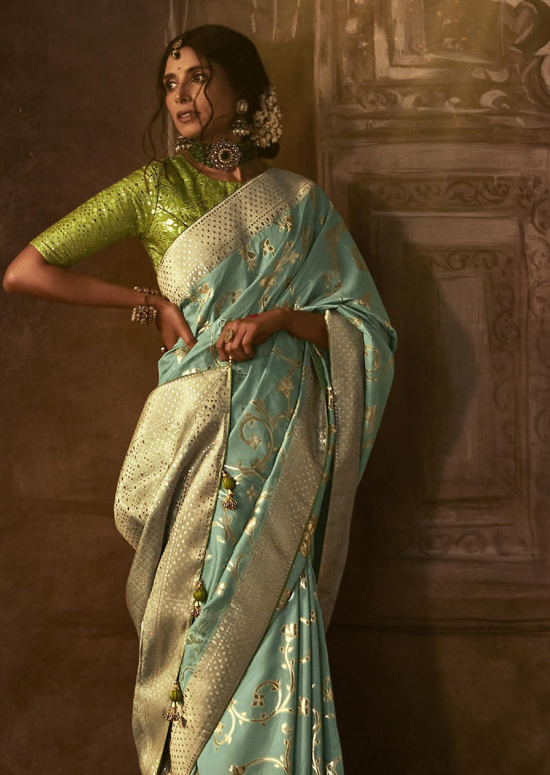 POWDER BLUE WOVEN PURE CREPE SILK DESIGNER BANARASI SAREE