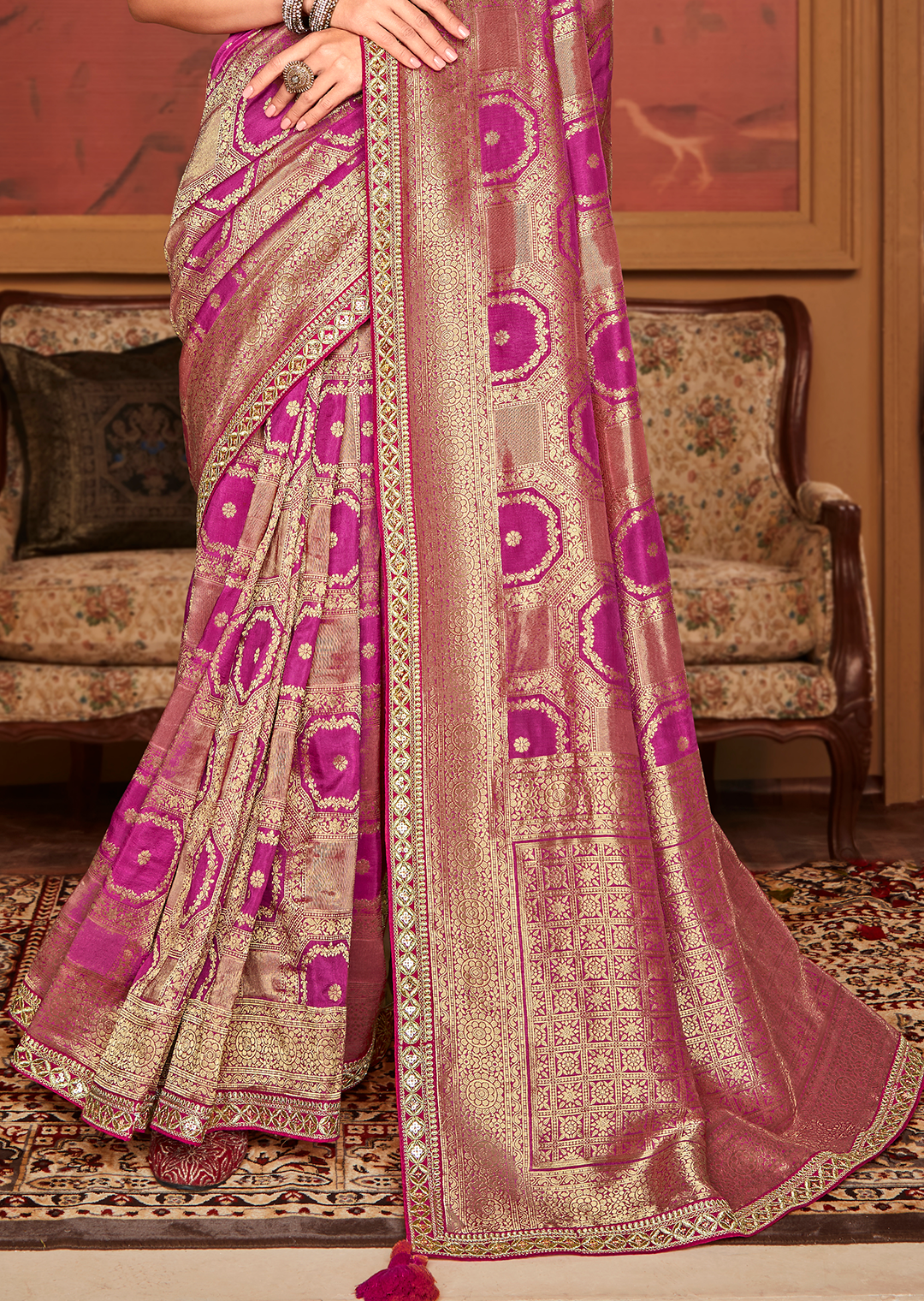 MAGENTA PINK PURE CREPE SILK DESIGNER BANARASI SAREE