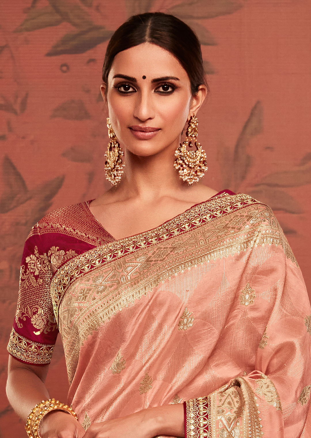 PEACH PURE CREPE SILK DESIGNER BANARASI SAREE