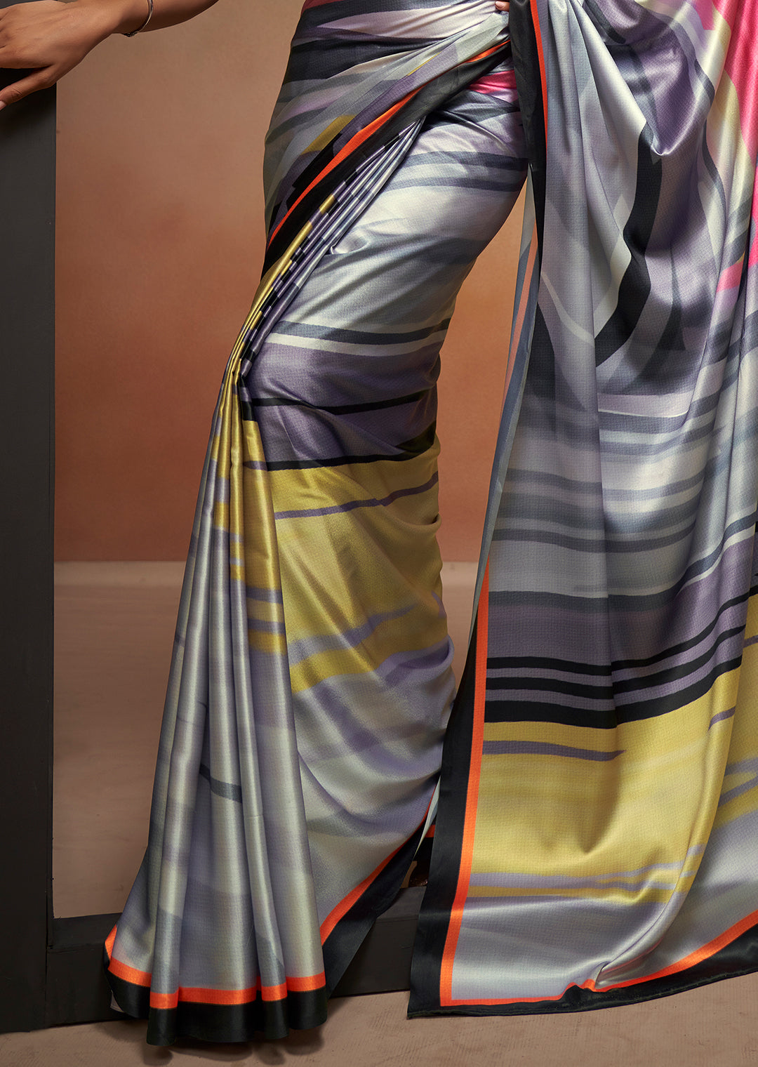 Grey Woven Digital Printed Satin Crepe Silk Saree