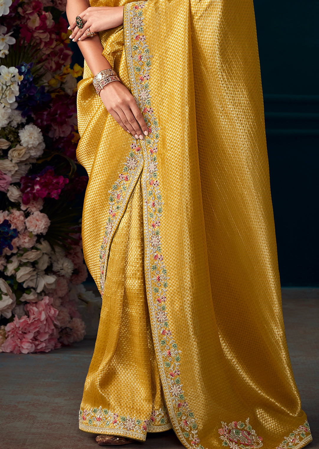 GOLDEN YELLOW HEAVY EMBROIDERED BROCADE DESIGNER KANJIVARAM SILK SAREE