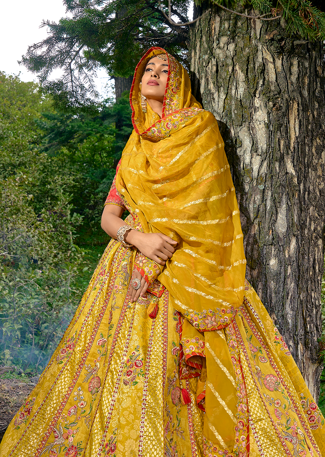 Golden Yellow Heavy Embroidered Premium Designer Silk Lehenga