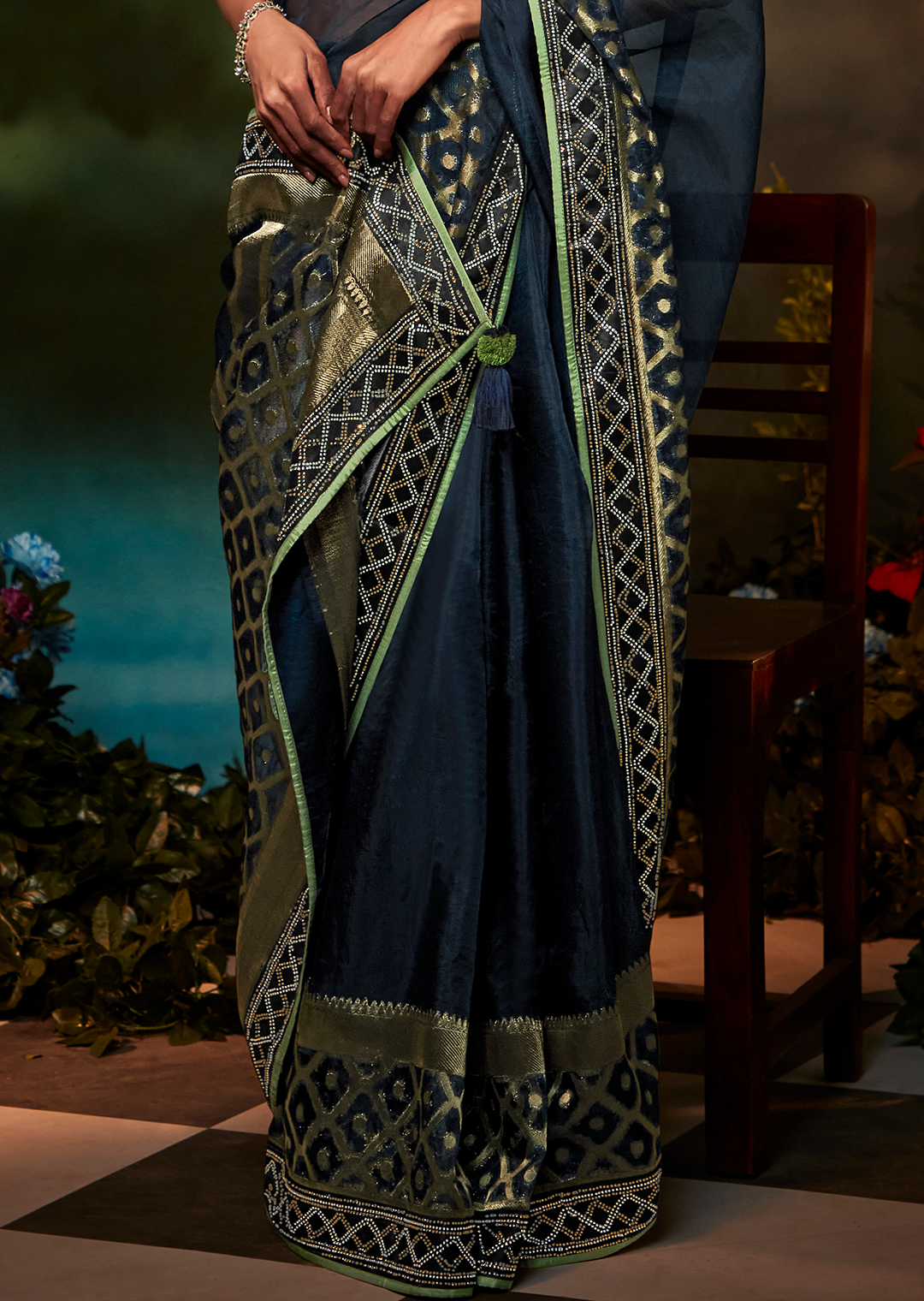 NAVY BLUE PURE TISSUE SILK DESIGNER SAREE