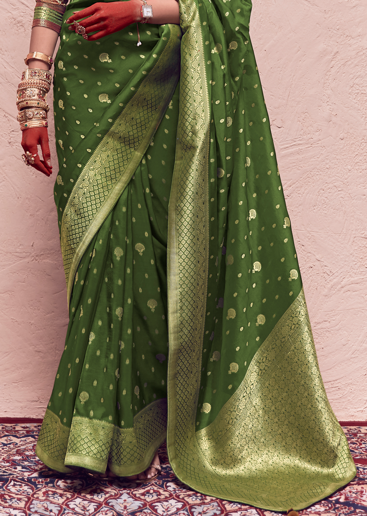 DEEP OLIVE GREEN PURE CREPE SILK DESIGNER KHADDI BANARASI SAREE