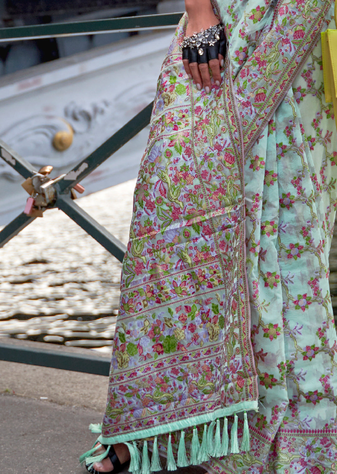 Mint Green Woven Pure Handloom Parsi Organza Silk Saree